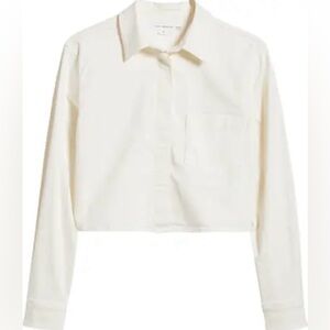 Good American Cropped Button-Down Denim Shirt – Cloud White – Size L